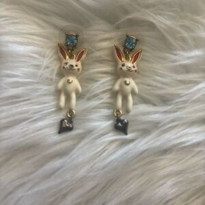 Betsey Johnson White Bunny Drop Earrings with Blue Crystal